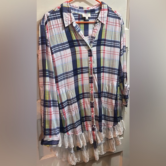Umgee Tops - Umgee Multicolor Plaid Blouse with Lace Hem Large